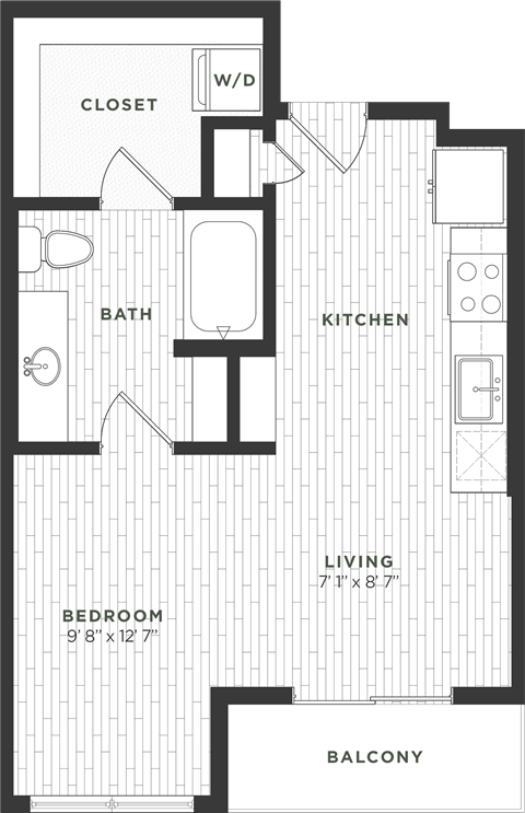 Floor plan for studio, 1 bath, 595 sqft